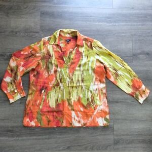 Talbots Petites Silk Blend Orange Artsy Print V Neck Lightweight Top Women's 12P